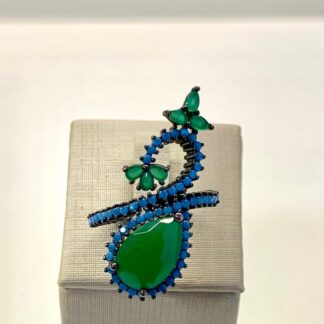 Anel Esmeralda com Zircônias Turquesas Ródio Negro