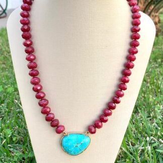 Colar Jade Rubi com Pingente Turquesa Banhado Ouro 18k