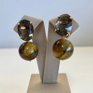 Brinco Olho de Tigre com Quartzo Fumê Banhado a Ouro18k