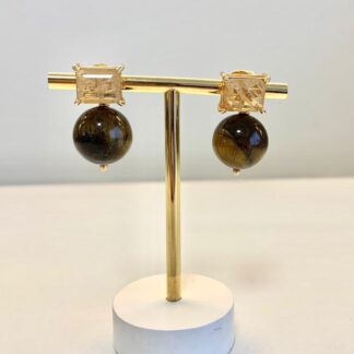 Brinco Olho de Tigre com Quartzo Rutilado Banhado a Ouro 18k