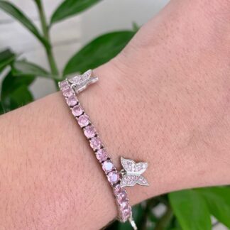 Pulseira Riviera Cravejada de Zircônias Rosas em Ródio