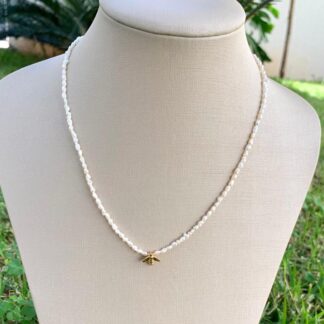 Colar Pérola Natural com Pingente Libélula Banhado a Ouro18k