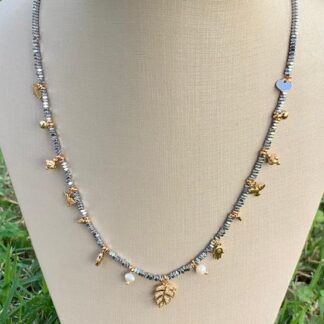 Colar Hematita com Pingentes Banhado a Ouro18k