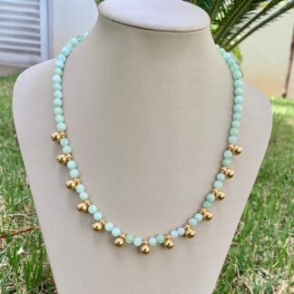 Colar Pedra Natural Jade Amazonita Banhado a Ouro18k