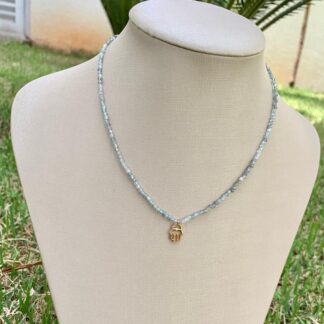 Colar Água Marinha Pingente Mão de Fátima Banhado a Ouro18k