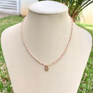 Colar Zircônia Salmão com Pingente Mão de Fátima Banhado a Ouro18k