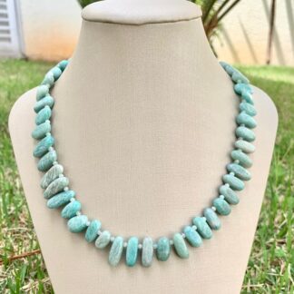 Colar Pedra Natural Amazonita Banhado a Ouro18k