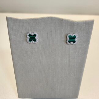 Brinco Trevo Malaquita com Zircônias em Prata 925