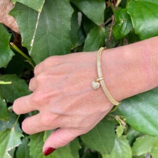 Bracelete Cravejado com Zircônias Brancas Pingente de Coração Banhado a Ouro18k