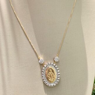 Colar Medalha Milagrosa de Nossa Senhora das Graças com Zircônias Banhado a Ouro18k