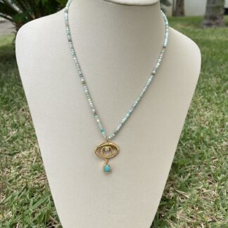 Colar Elos com Pingente de Olho Grego com Gota de Esmeralda Banhado a Ouro18k