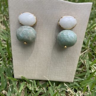 Brinco de Pedra Natural Amazonita e Quartzo Branco Banhado a Ouro18k