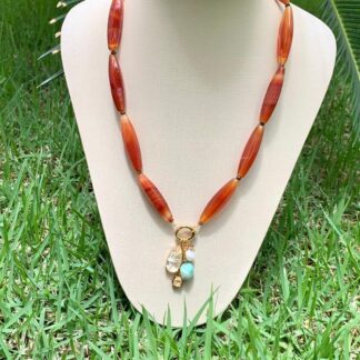 Colar Ágata Fogo com Pingentes de Pedras Naturais Banhado a Ouro18k