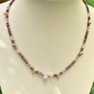 Colar Granada com Ametista e Quartzo Goiaba Banhado a Ouro18k