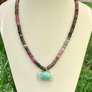 Colar Turmalina Melancia com Aventurina Banhado a Ouro18k