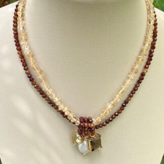 Colar Granada Laranja e Citrino Banhado a Ouro18k