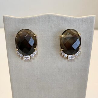 Brinco Oval Quartzo Fumê Banhado a Ouro18k