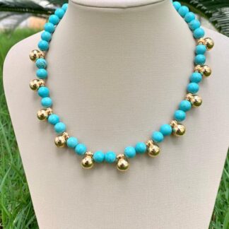 Colar Howlita Turquesa com Esferas Banhada a Ouro18k