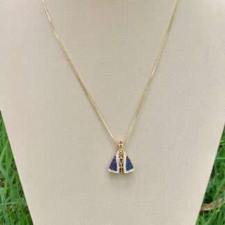 Colar Nossa Senhora Aparecida com Zircônias Azuis Banhado a Ouro18k