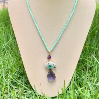 Colar Longo Amazonita com Tanzanita Banhado a Ouro18k