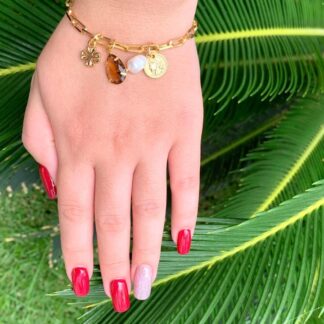 Pulseira Elos com Pingentes de Pedras Naturais Banhado a Ouro18k.