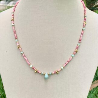 Colar Rodocrosita com Amazonita Banhado a Ouro18k