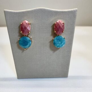 Brinco Rodocrosita com Amazonita Banhado a Ouro18k