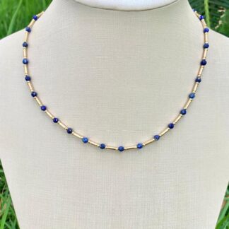 Colar Canutilho com Lápis Lazuli Banhado a Ouro18k