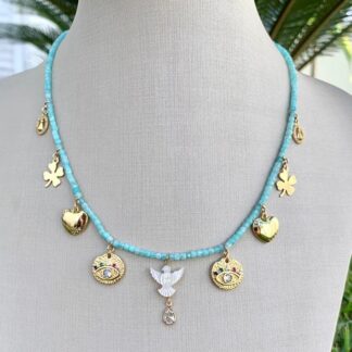 Colar Amazonita com Pingentes Banhado a Ouro18k