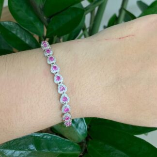Pulseira Riviera Corações de Safira Pink 4mm em Ródio Branco
