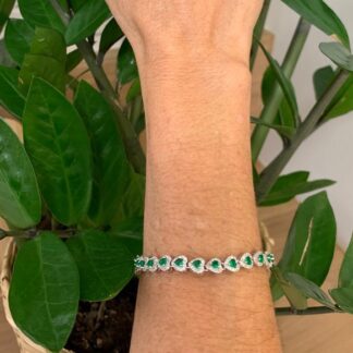 Pulseira Riviera Corações de Esmeralda 4mm em Ródio Branco