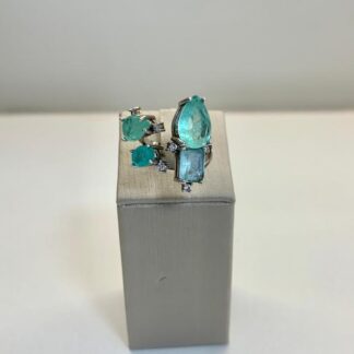 Anel Entre Aberto Esmeralda Colombiana com Turmalina em Prata 925