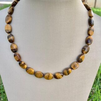 Colar de Pedra Natural Olho de Tigre Banhado a Ouro18k