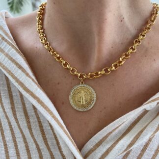 Colar Elos com Pingente de São Bento com Zircônias Banhado a Ouro18k