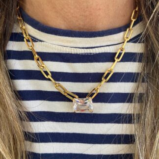 Colar Elos com Pingente Cristal Banhado a Ouro18K