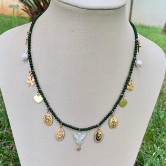 Colar Jade Verde com Patuás Banhado a Ouro18k