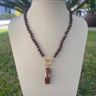 Colar de Pedra Natural de Olho de Tigre Vermelho Banhado a Ouro18k