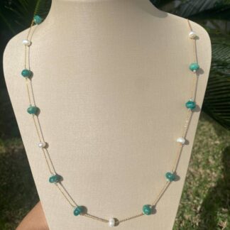 Colar com Pedra Natural Amazonita e Pérola Banhado a Ouro 18K