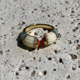 Anel Azul Turquesa e Coral com Marfim Cravejado de Zircônias Banhado a Ouro 18k
