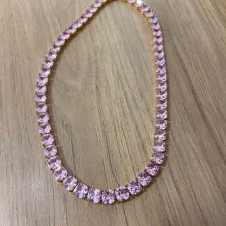 Colar Riviera e Brinco na Zircônia Rosa Banhado a Ouro18k