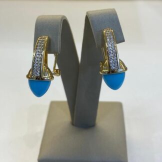 Brinco Azul Turquesa com Filete Cravejado de Zircônias Banhado a Ouro 18K
