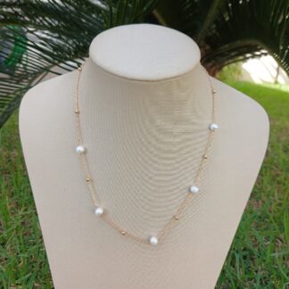 Colar Longo de Pérola Natural Banhado a Ouro 18K