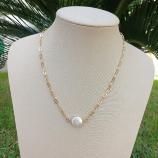 Colar Elos com Pingente de Madrepérola Banhado a Ouro 18K