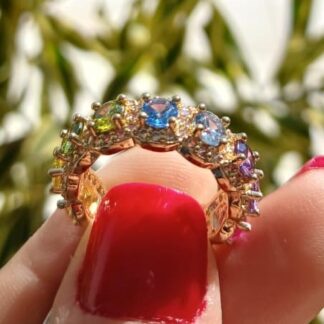 Anel Cristal de Turmalina Rosa com Citrino e Peridoto Banhado a Ouro 18k
