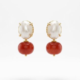 Brinco de Jade Nude com Coral Banhado a Ouro 18K