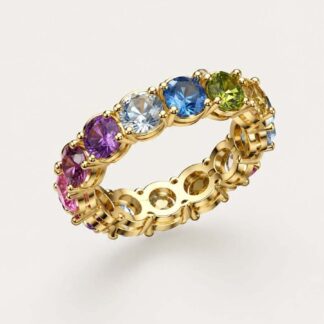 Anel Cristal de Turmalina Rosa com Citrino e Peridoto Banhado a Ouro 18k